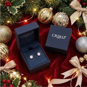Crislu Sterling Platinum Stud Earrings With Signed Designer Autographed Box